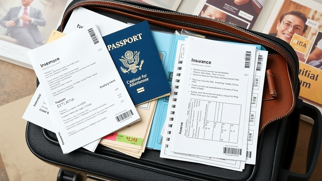 A travel document organizer with a passport, tickets, and insurance documents neatly arranged in a suitcase.