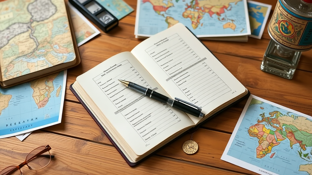 An open travel journal on a wooden table with a pen, maps, and sunglasses.