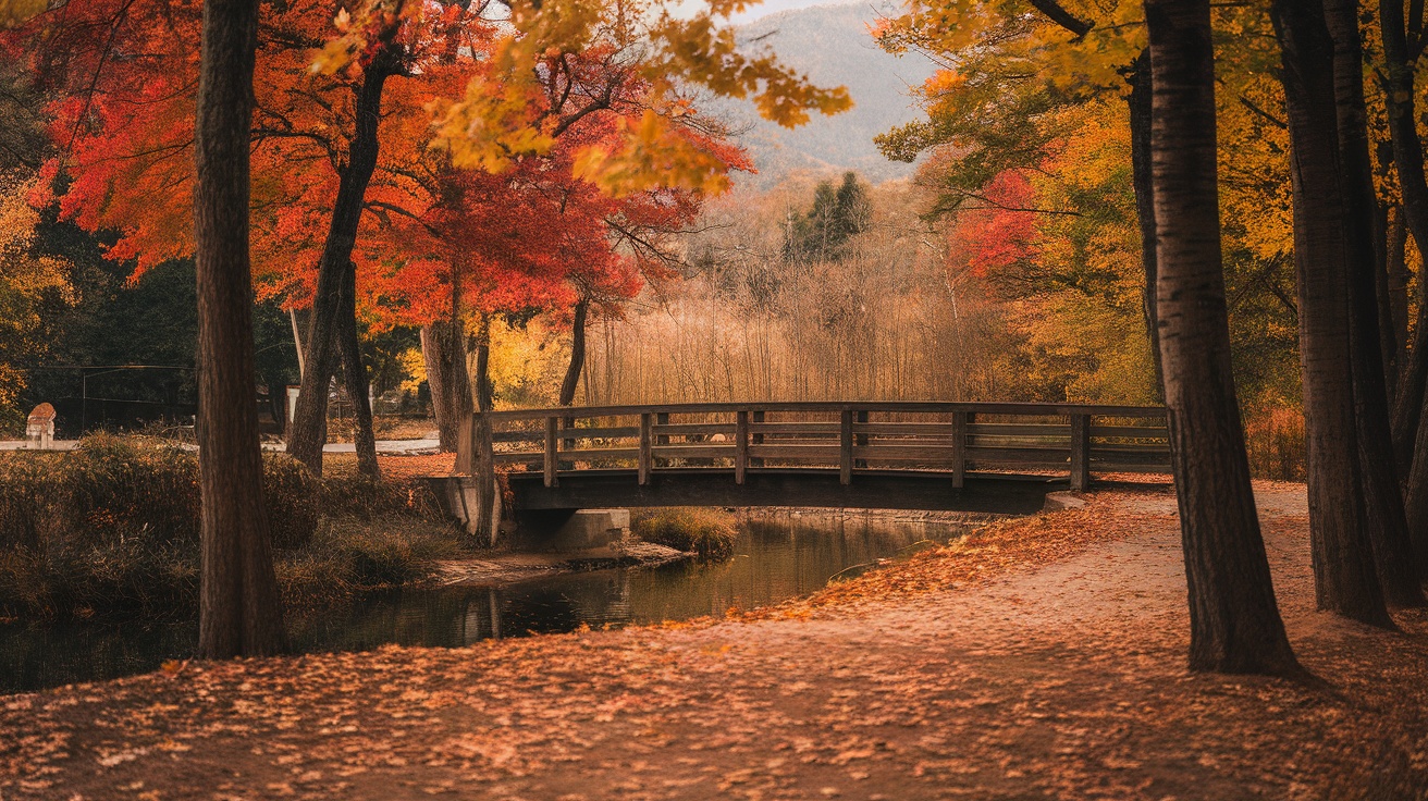 A picturesque wooden bridge in a colorful autumn landscape