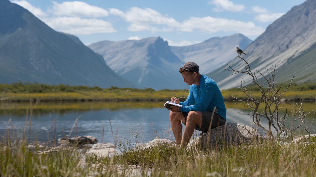 A person sitting by a lake, writing in a notebook with mountains in the background.