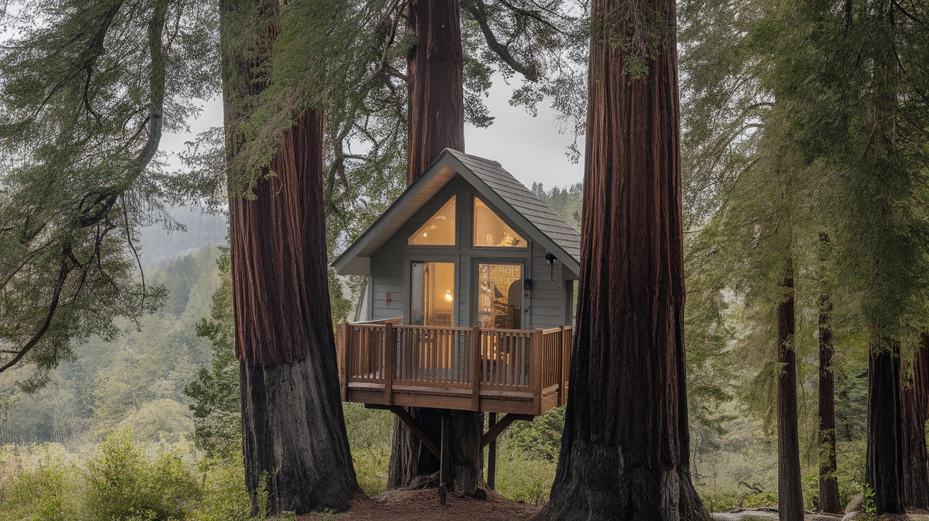 A cozy treehouse nestled among tall redwood trees