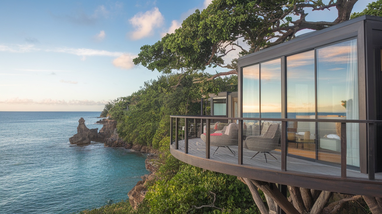 A modern treehouse with large windows overlooking the ocean and lush greenery.