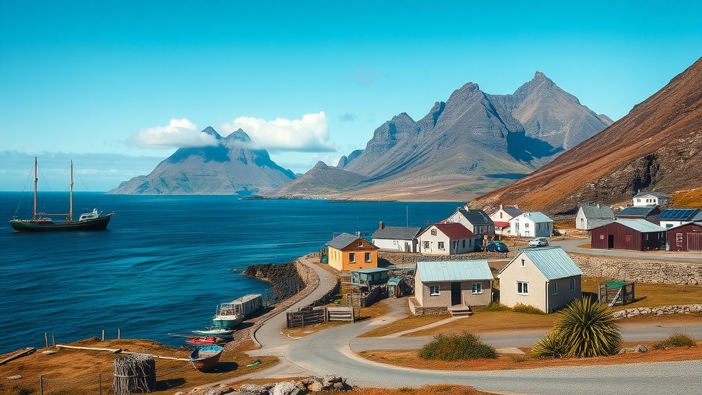 A picturesque view of Tristan da Cunha, showcasing colorful houses against a backdrop of mountains and the ocean.