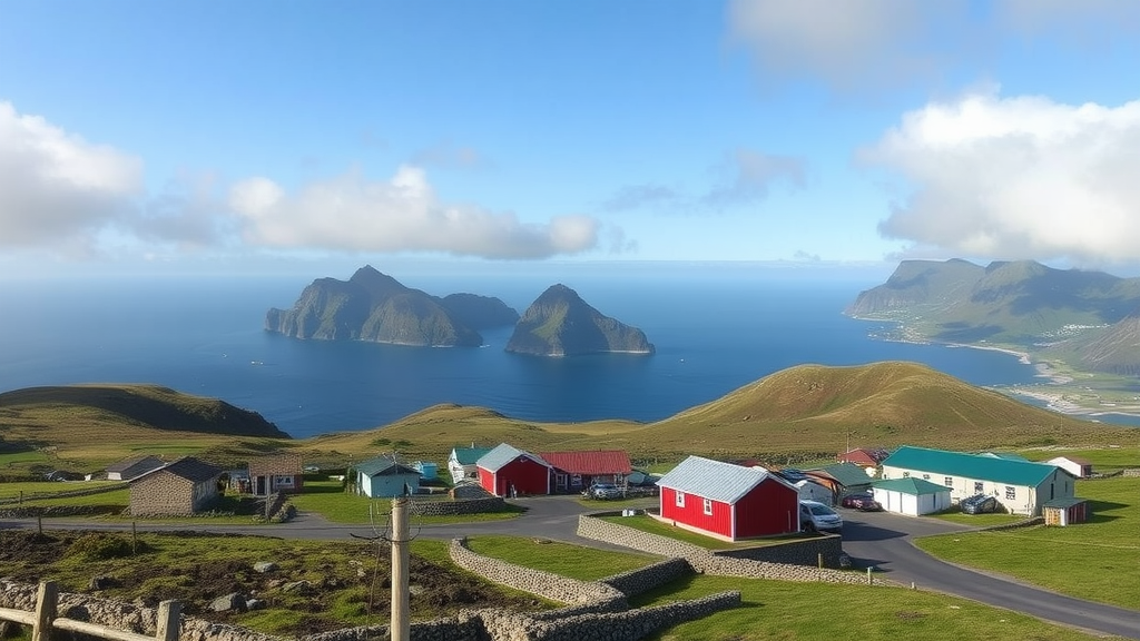 A scenic view of Tristan da Cunha with colorful houses and mountains in the background.