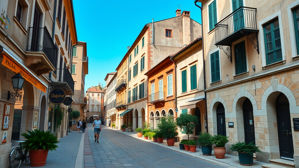 A picturesque street in Trogir's Historic City Center with colorful buildings and potted plants.