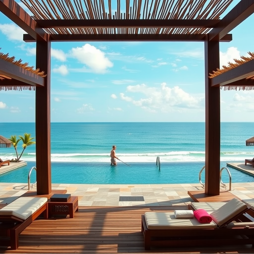 A beautiful view of the ocean from a tropical beach club with a pool and lounge chairs in Bali.