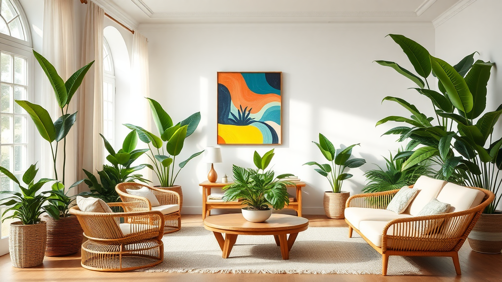 A bright living room featuring various indoor plants, comfortable seating, and a colorful wall art.