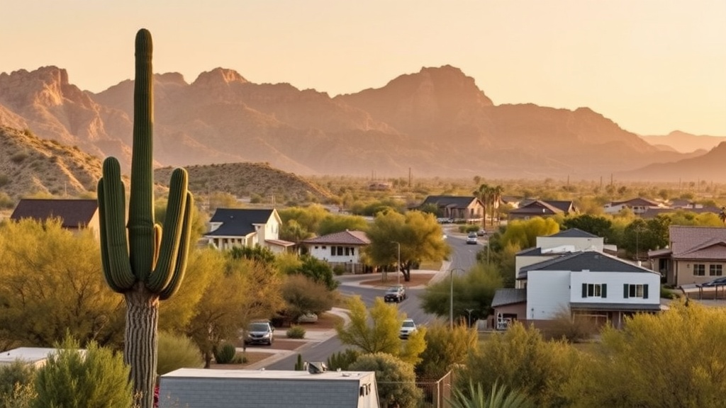 A scenic view of Tucson with a cactus in the foreground and mountains in the background.