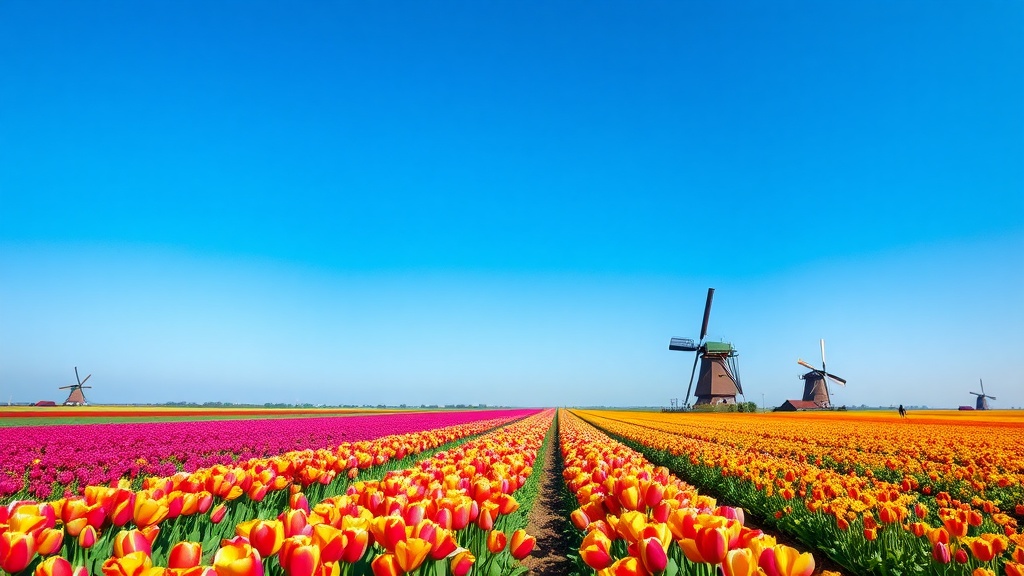 Vibrant tulip fields in Holland with windmills in the background.