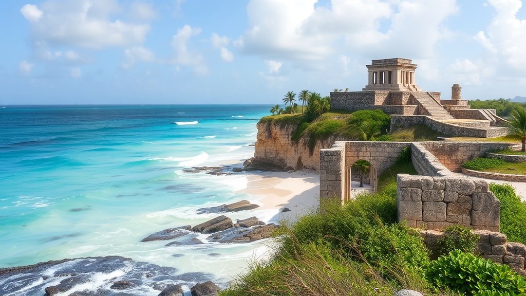 A scenic view of Tulum Beach with ancient ruins and turquoise waters.