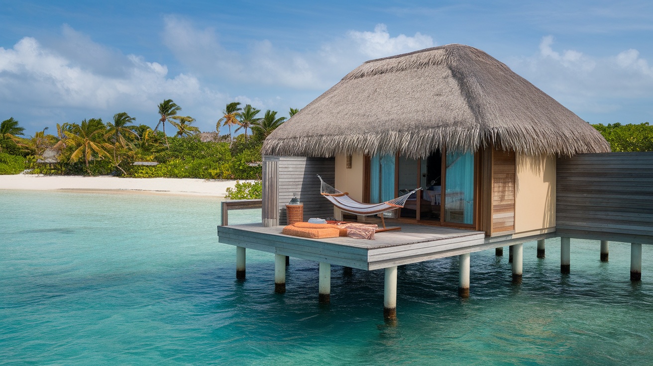 A beautiful overwater bungalow in Tulum with a hammock and clear blue waters.