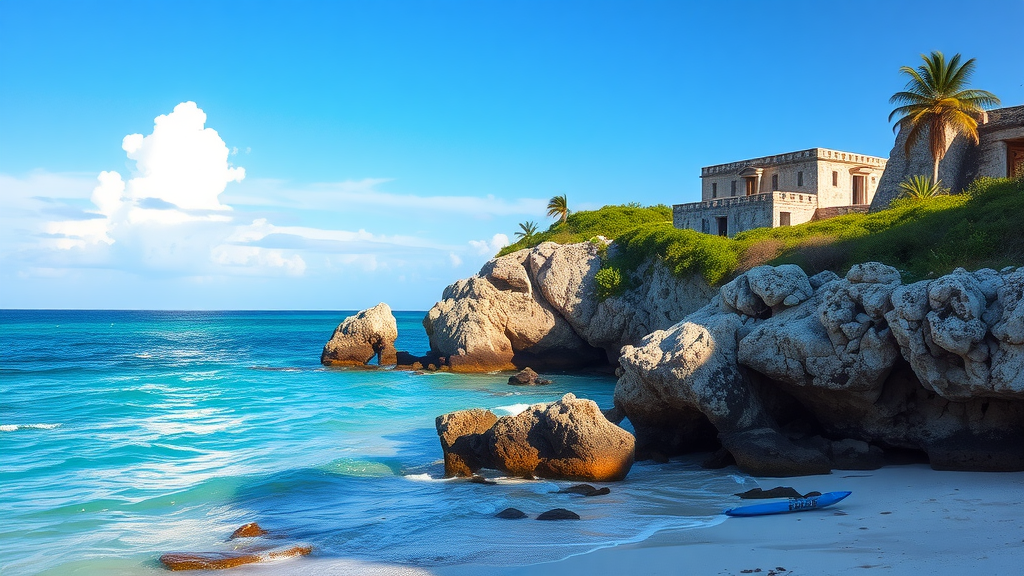 A scenic view of Tulum beach with clear blue water and rocky cliffs