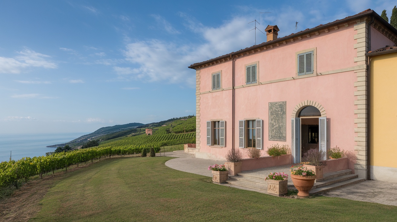 A picturesque view of a pink villa surrounded by vineyards and the sea in Tuscany.