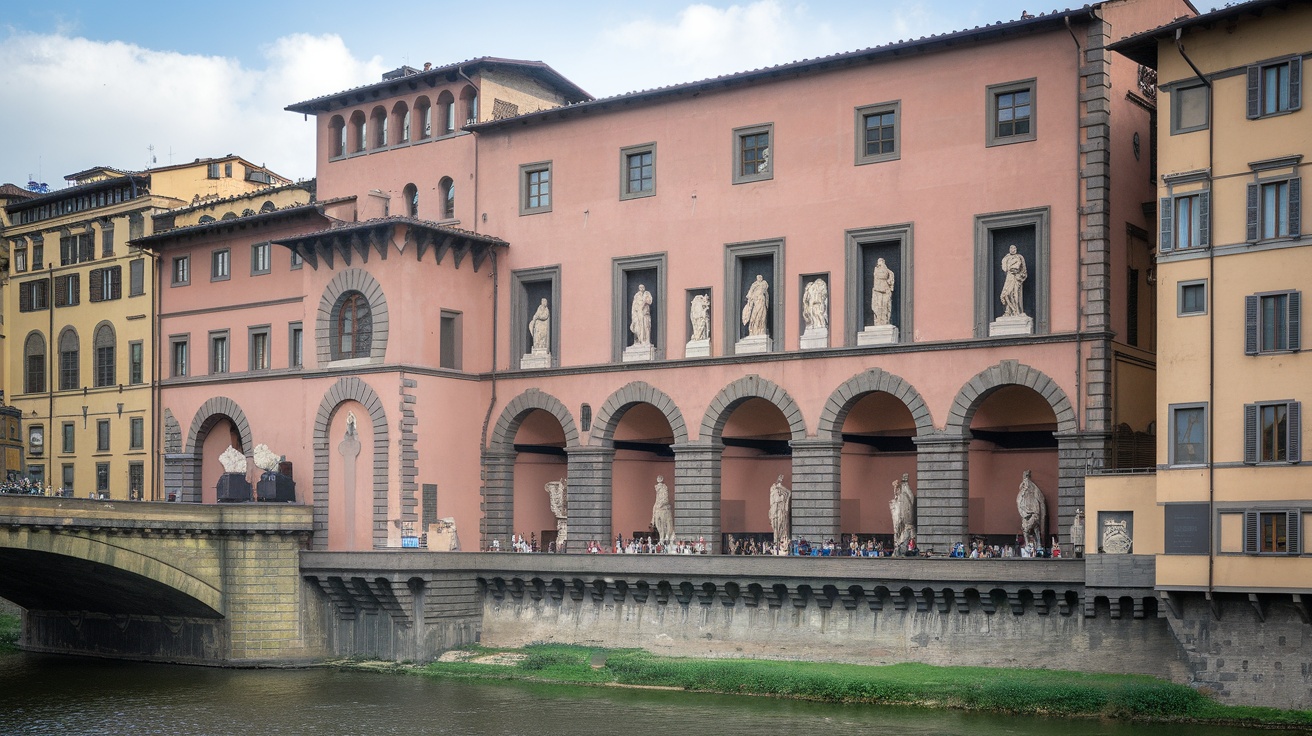 Exterior view of the Uffizi Gallery in Florence, showcasing its architecture and statues.