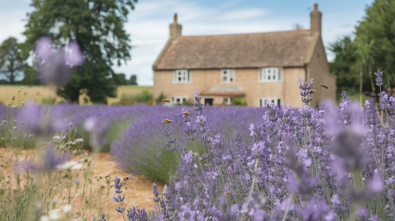 Lavender fields in the UK with a house in the background and bees flying around