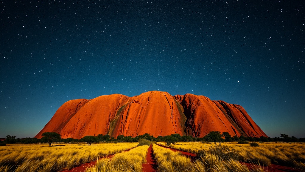 Night sky over Uluru with stars shining brightly.