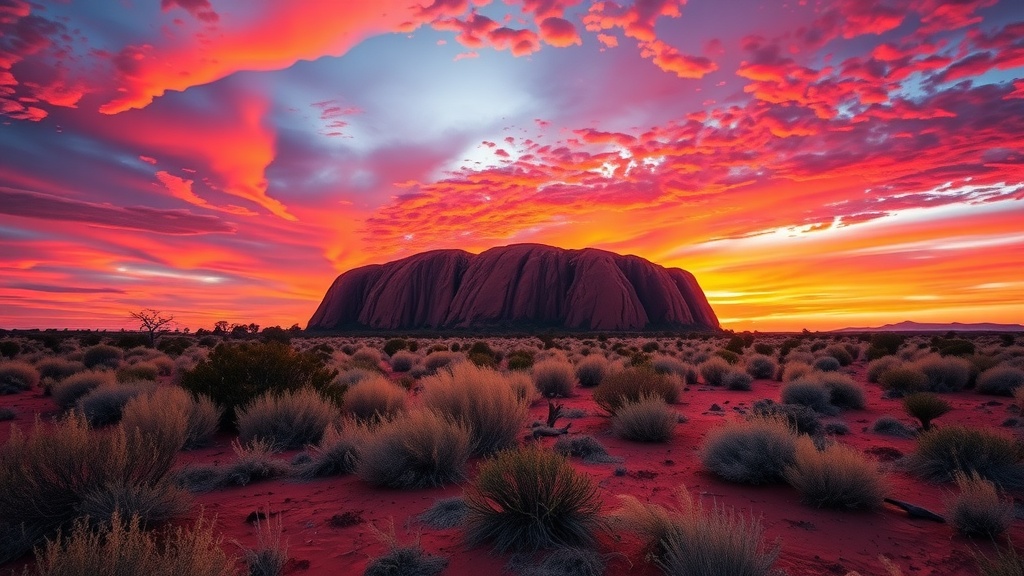 A vibrant sunset over Uluru, showcasing its majestic rock formation amidst the Outback landscape.