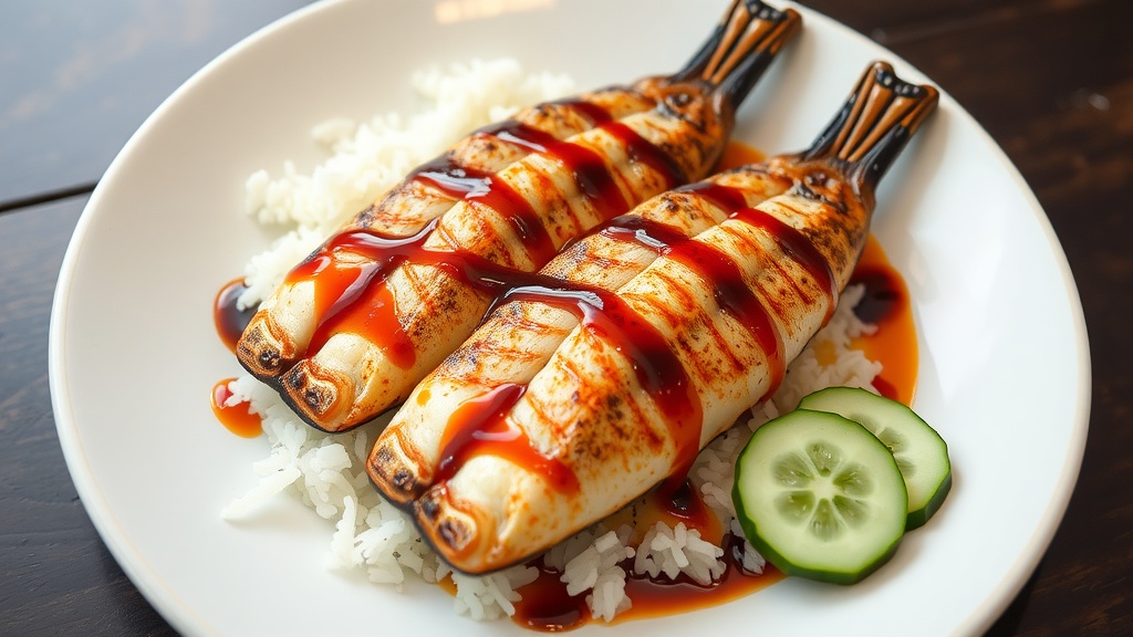 Grilled eel served on a plate with rice and cucumber slices.