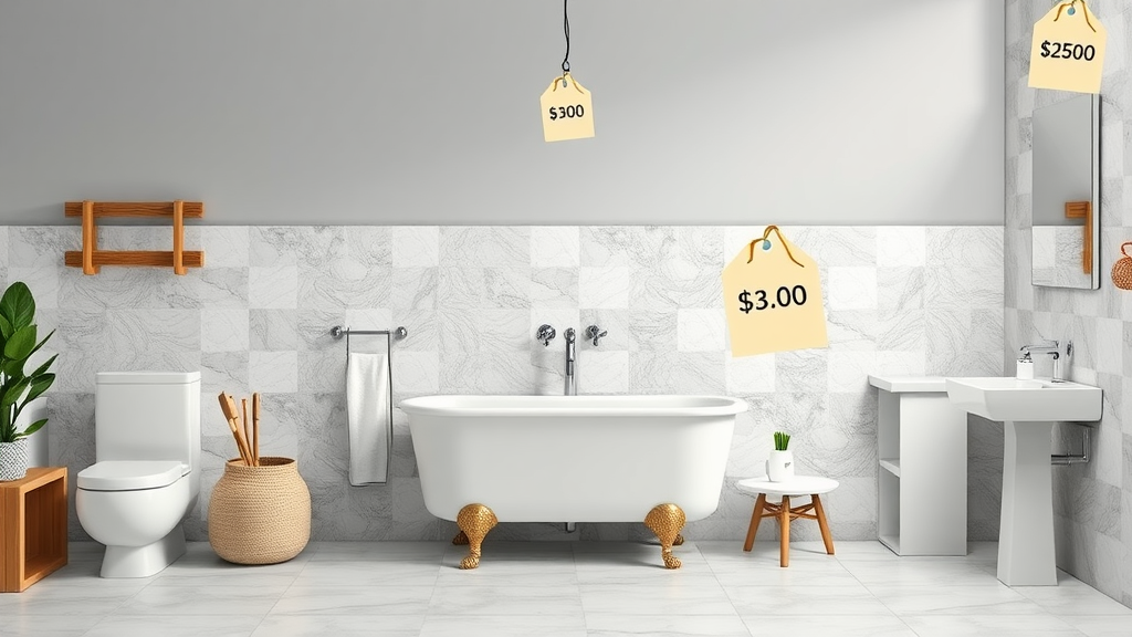 A modern bathroom with price tags showing costs of materials.