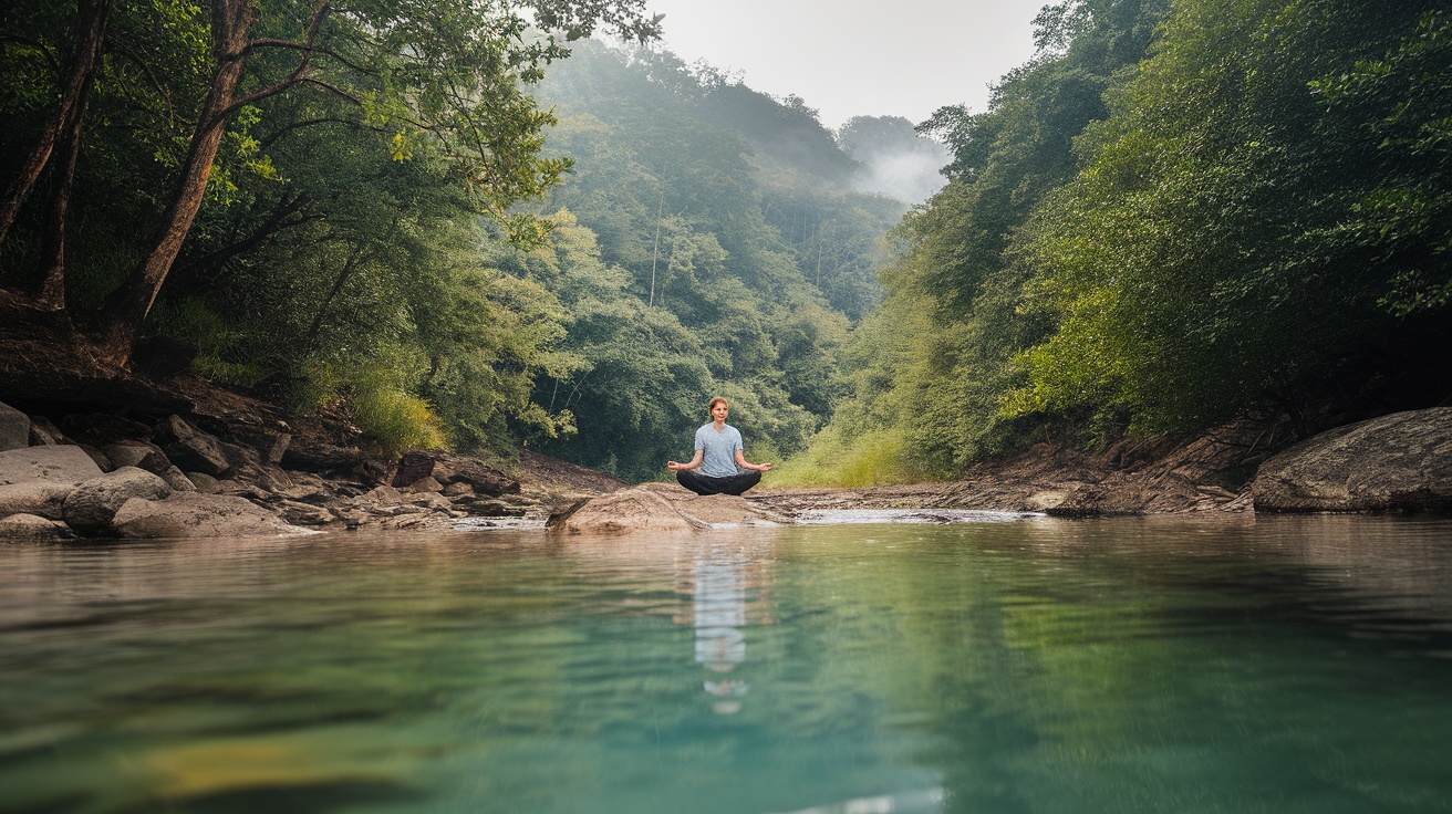 A person meditating by a calm river surrounded by trees.