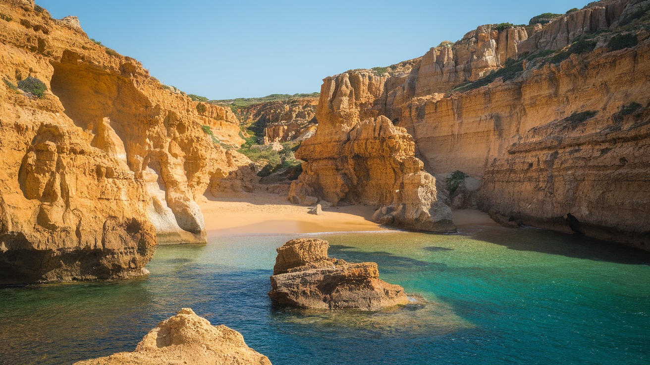 Stunning hidden cove in Portugal with golden sand and turquoise waters, surrounded by rocky cliffs.