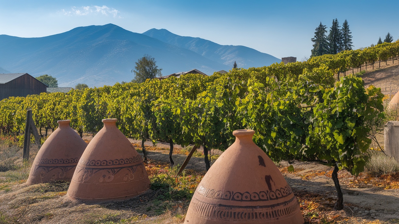 Vineyards in Georgia featuring clay fermentation pots