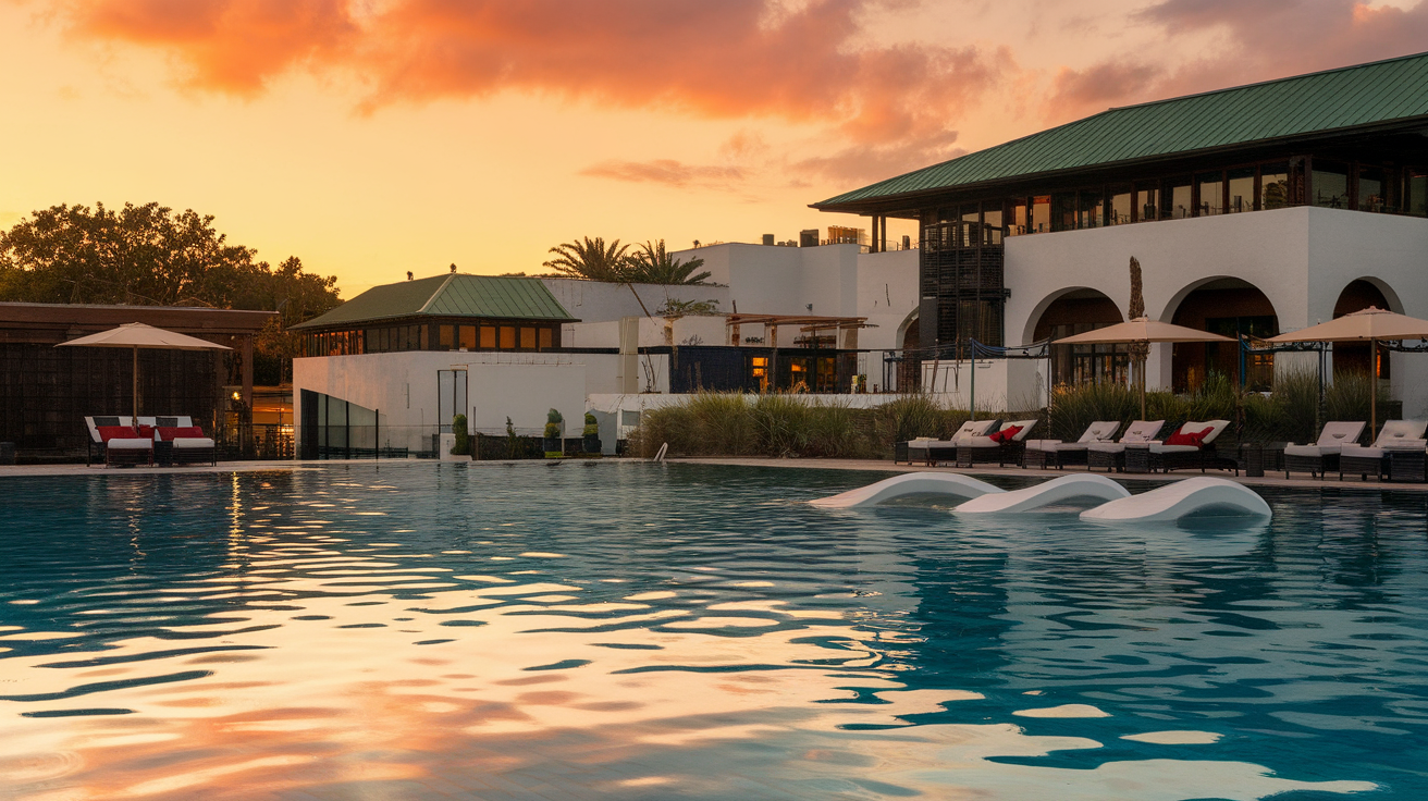 A crowded pool scene at UNICO 20°87° with colorful lights and guests enjoying the water.