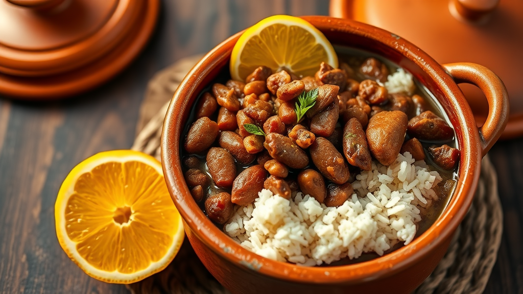 A bowl of Brazilian Feijoada with rice and a slice of lemon.