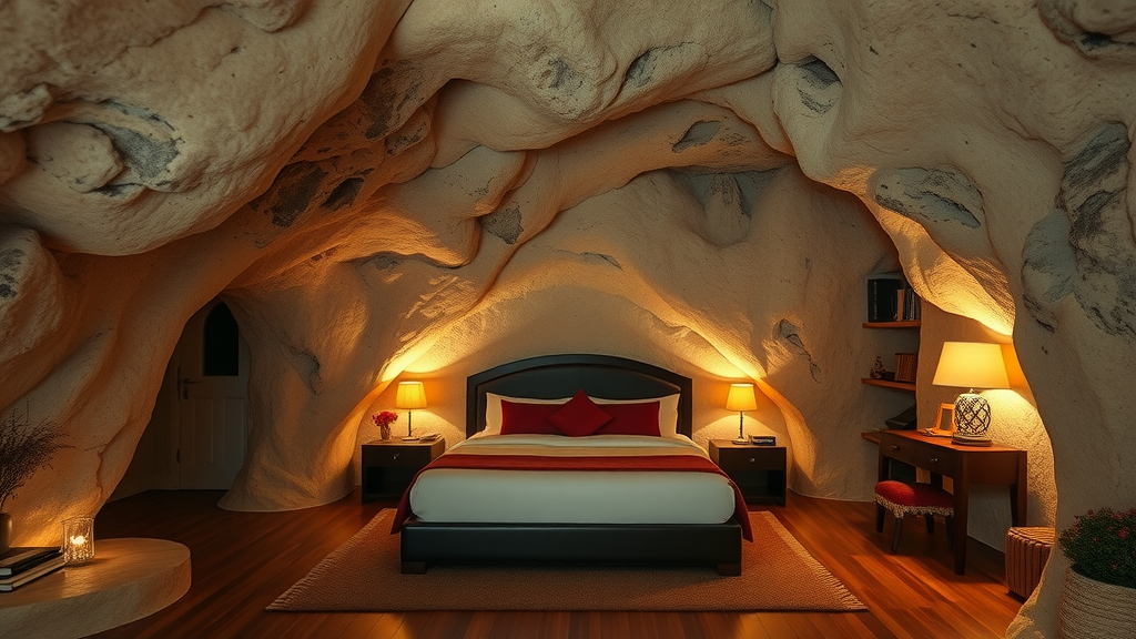 A cozy cave room featuring a bed, warm lighting, and wooden flooring.