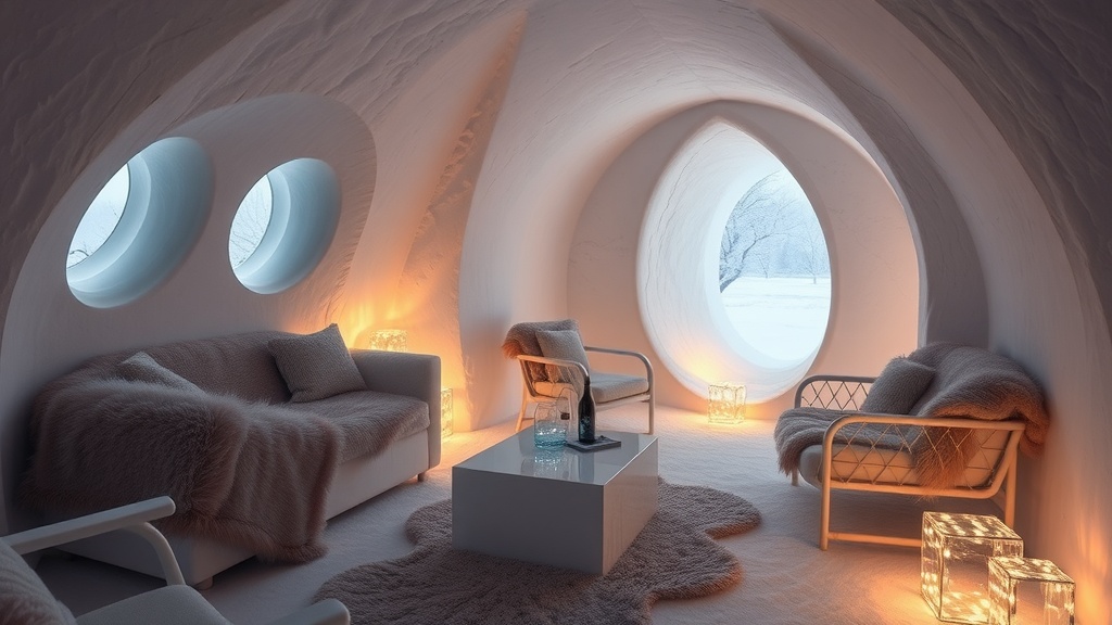 A beautifully designed ice hotel room with cozy seating and unique architecture.