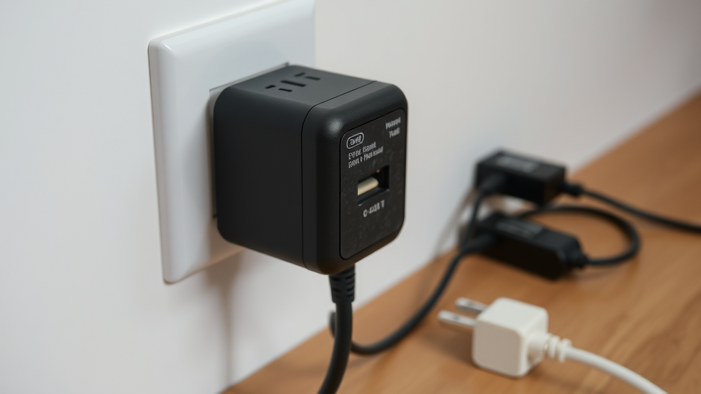 A universal power adapter plugged into a wall socket with various cables connected.