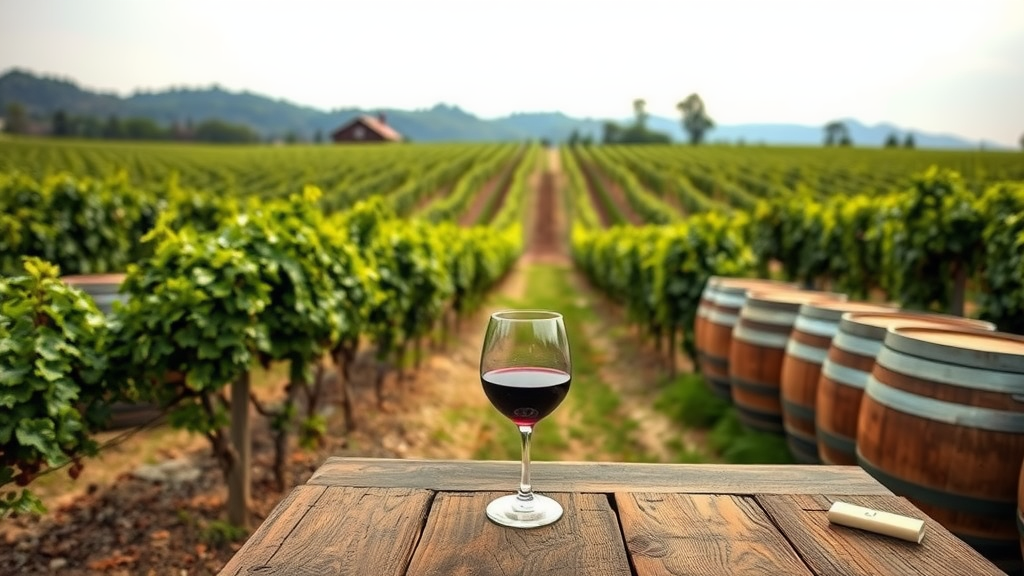 A glass of red wine on a wooden table overlooking a vineyard in Sonoma County.