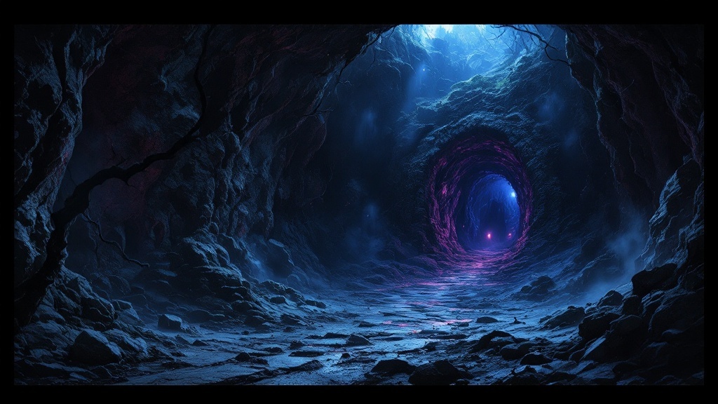 A dark cave illuminated with eerie blue and purple light, hinting at mysterious depths.