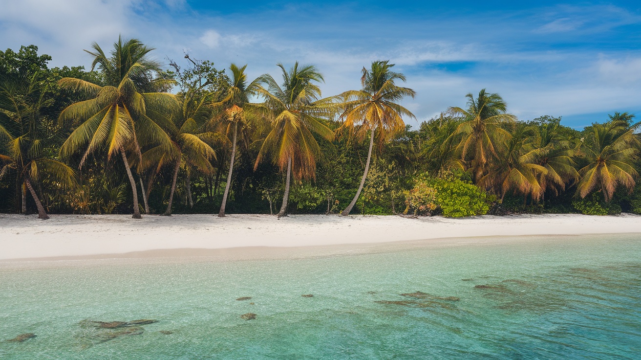 A tranquil beach scene with palm trees, clear water, and white sand in the Philippines