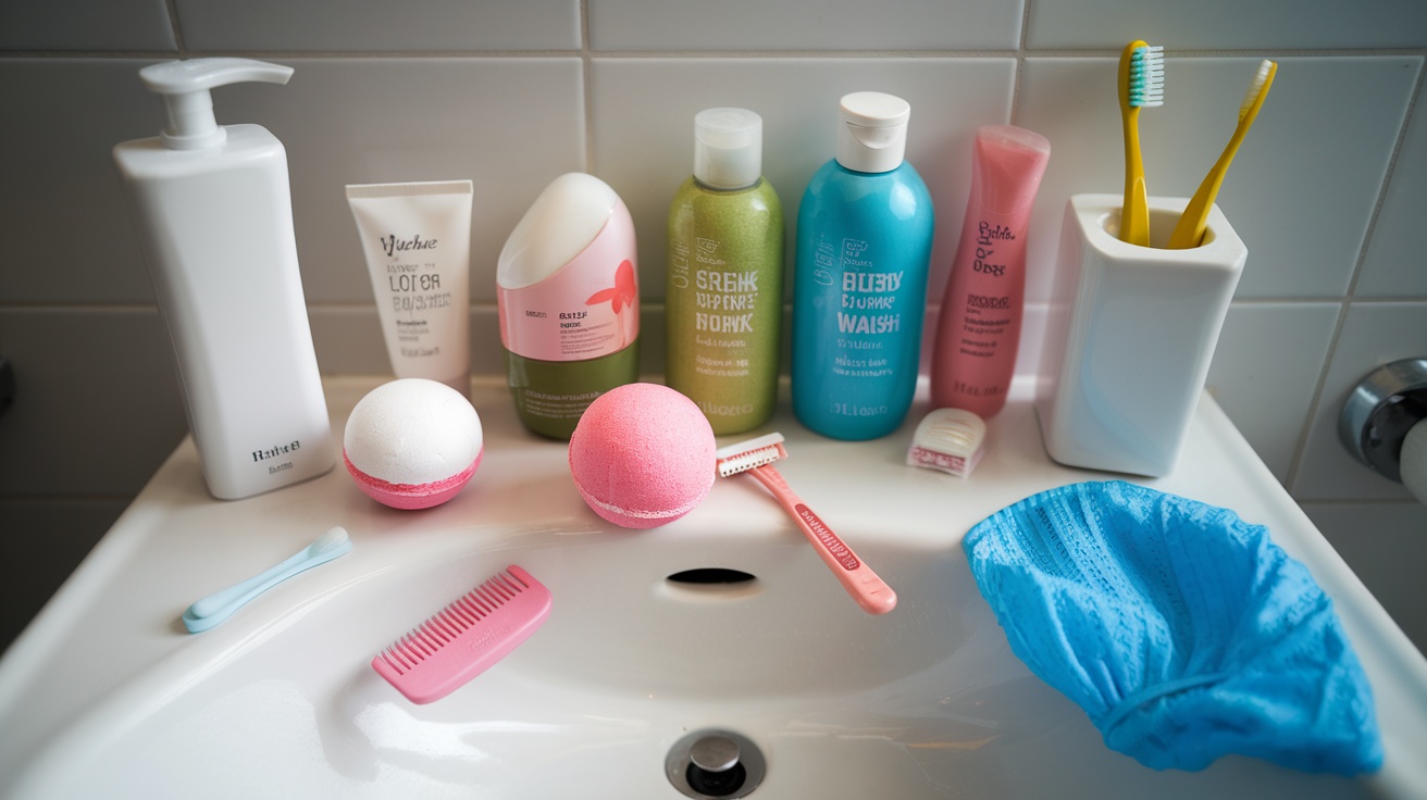 A variety of unused bathroom amenities displayed on a sink.