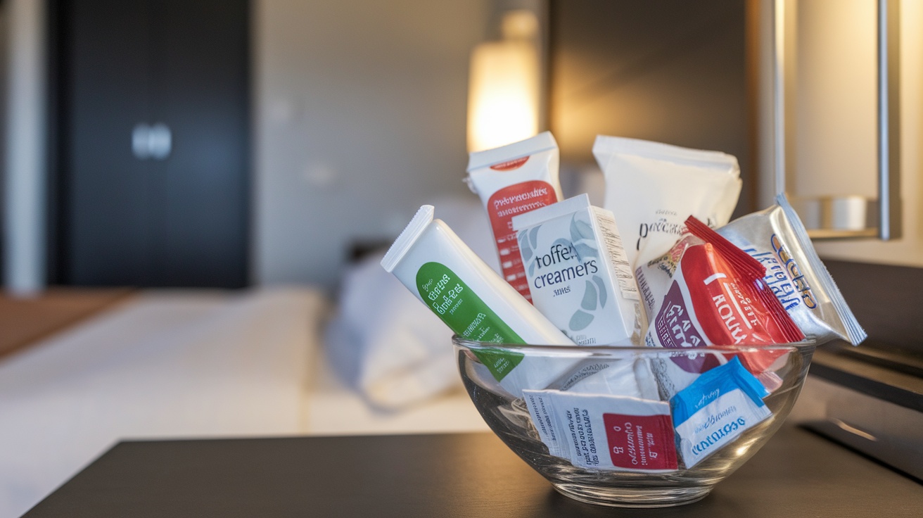 A bowl containing various coffee creamers and sugar packets in a hotel room.