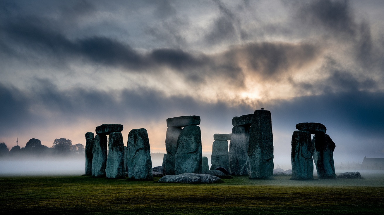 Stonehenge surrounded by mist, showcasing its ancient stone structure against a dramatic sky.