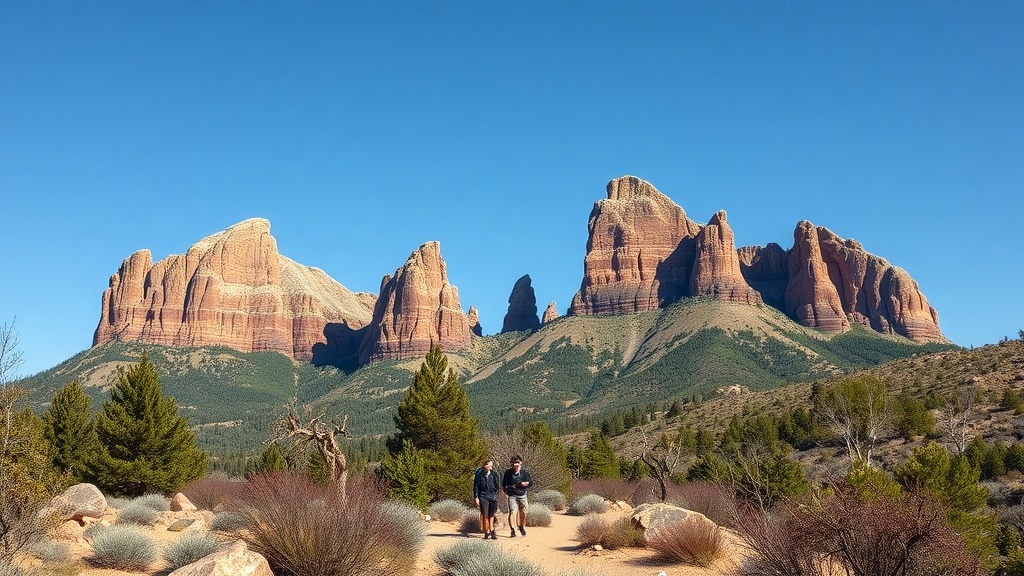 Scenic view of the Flatirons in Boulder with hikers in the foreground.