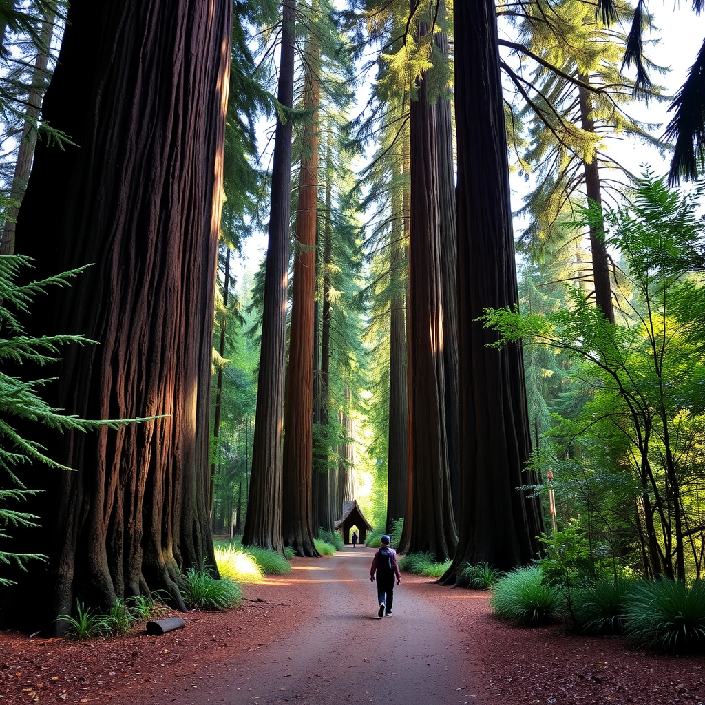 A person walking on a path surrounded by tall redwood trees in a tranquil forest.