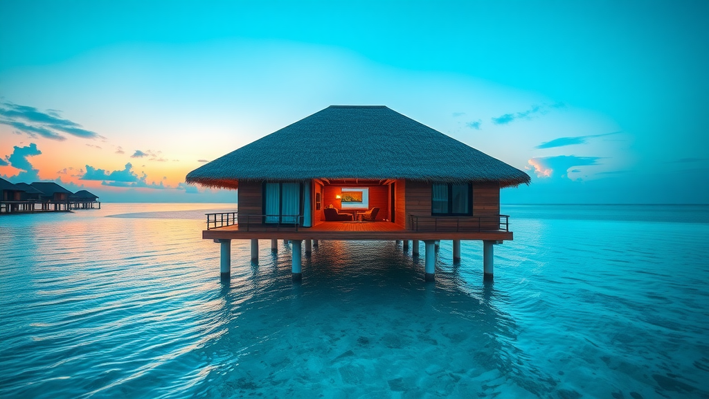 A beautiful overwater bungalow in the Maldives at sunset.