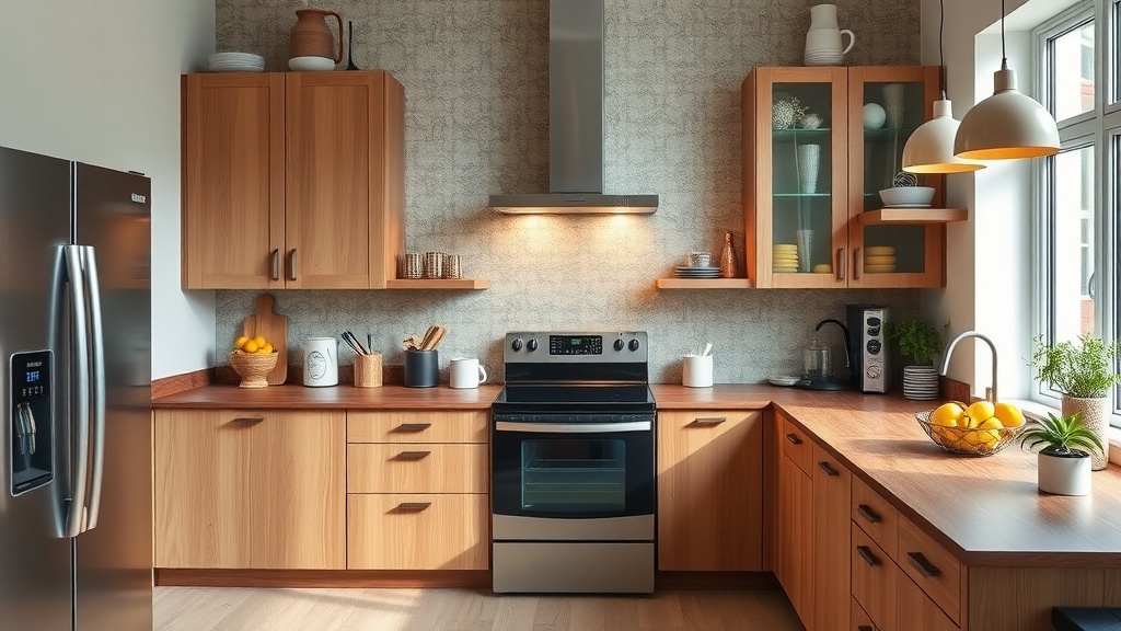 A modern kitchen featuring energy-efficient appliances including a refrigerator, dishwasher, and stove.