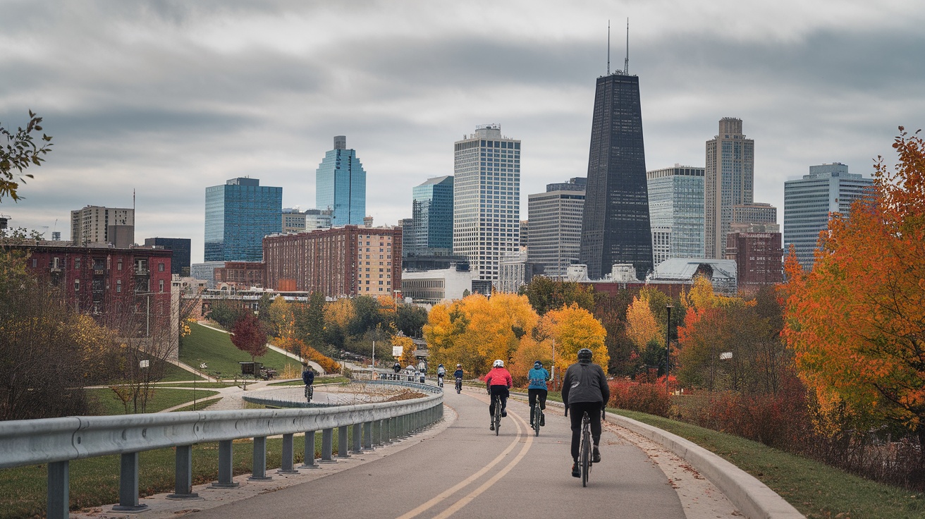 Biking trail with urban skyline view in the background