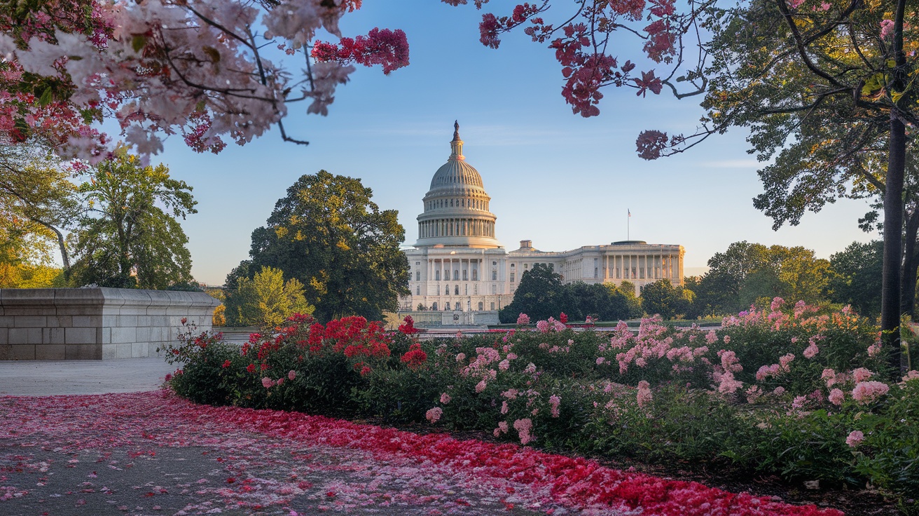 U.S. Capitol Building surrounded by blooming flowers in the morning light