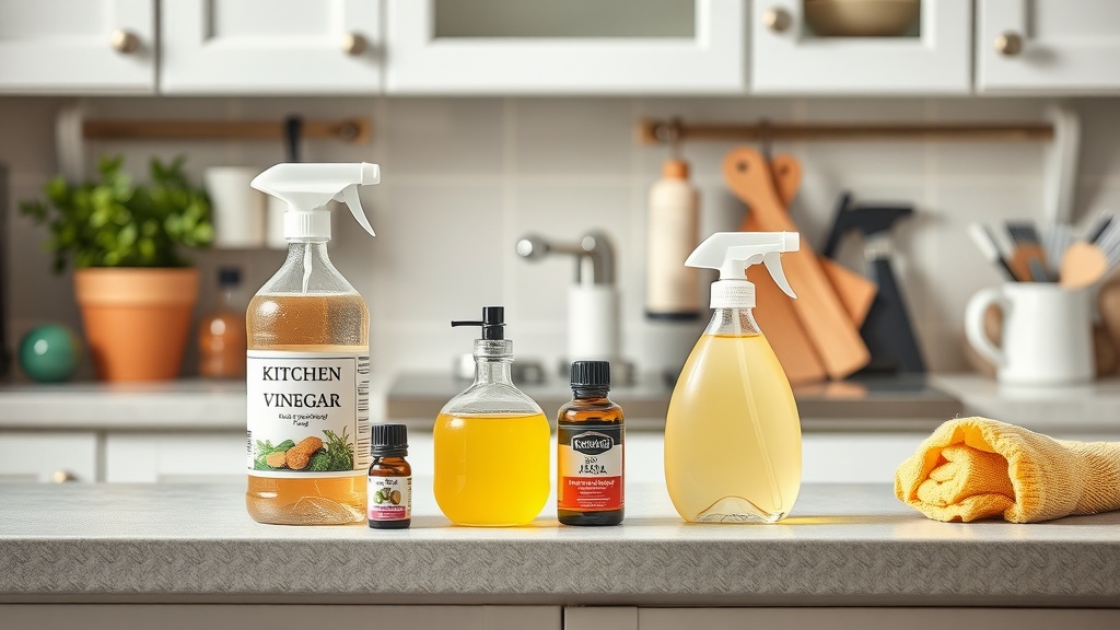 A variety of natural cleaning products including kitchen vinegar, oils, and a cloth on a kitchen countertop.