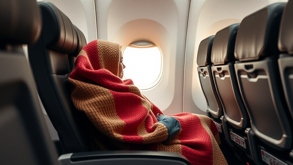 A person wrapped in a colorful blanket while seated by the airplane window.