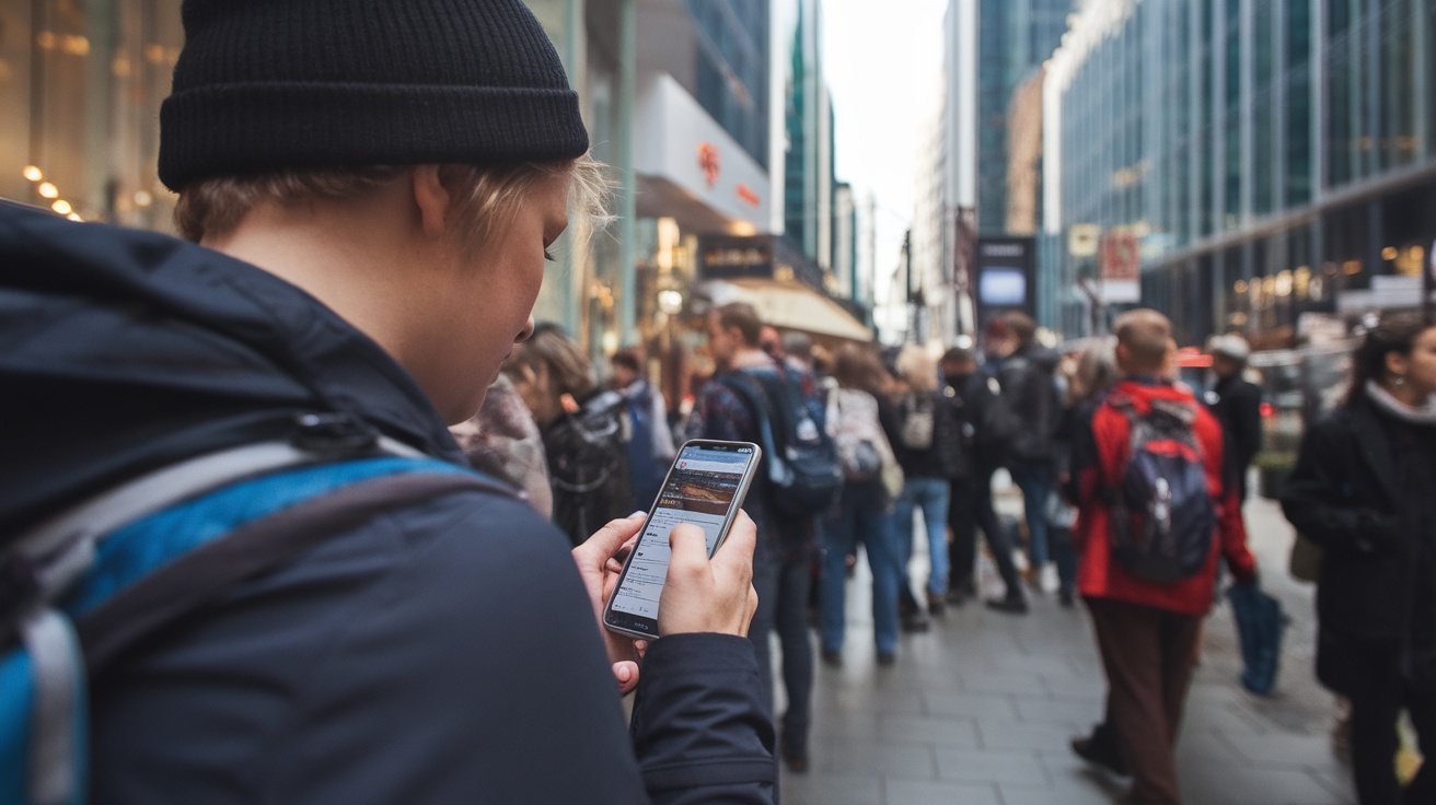 A traveler using a smartphone in a crowded street