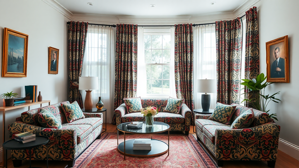 A stylish living room with bold patterned sofas and curtains, featuring a contemporary coffee table and elegant decor.