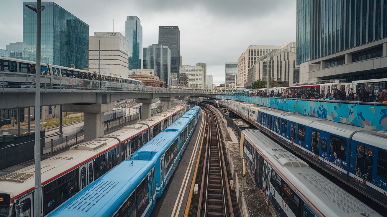 A busy urban transit system with trains and people, showcasing public transportation.