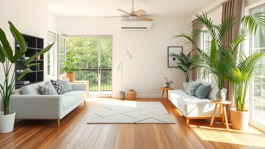 A bright living room featuring sustainable wood flooring, plants, and modern decor.