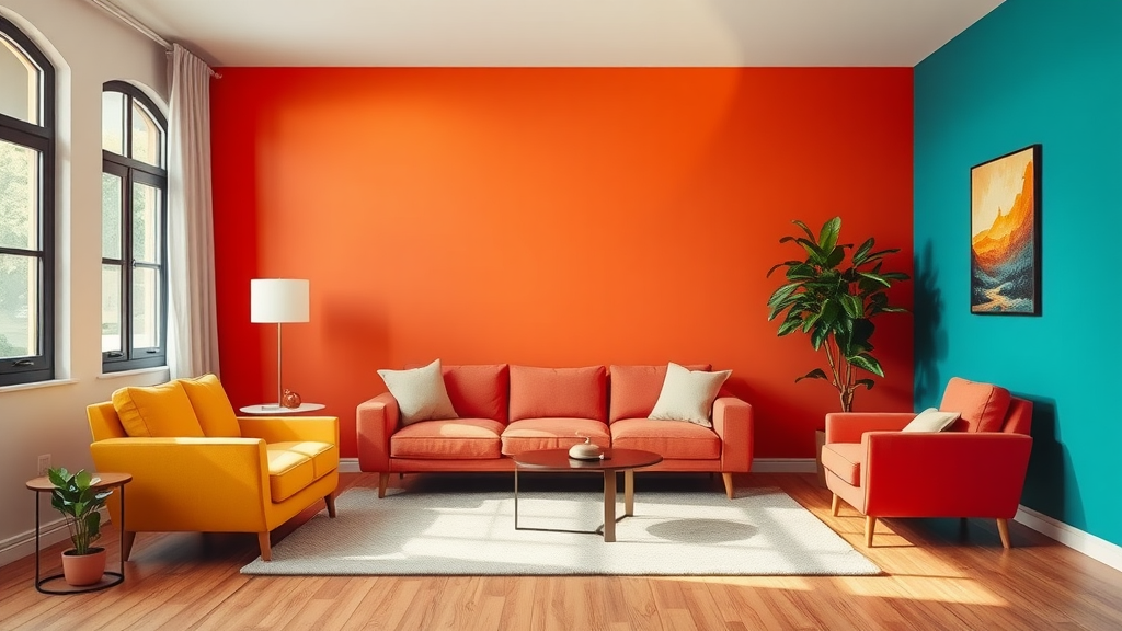 A vibrant living room featuring bold orange and teal walls with colorful furniture.